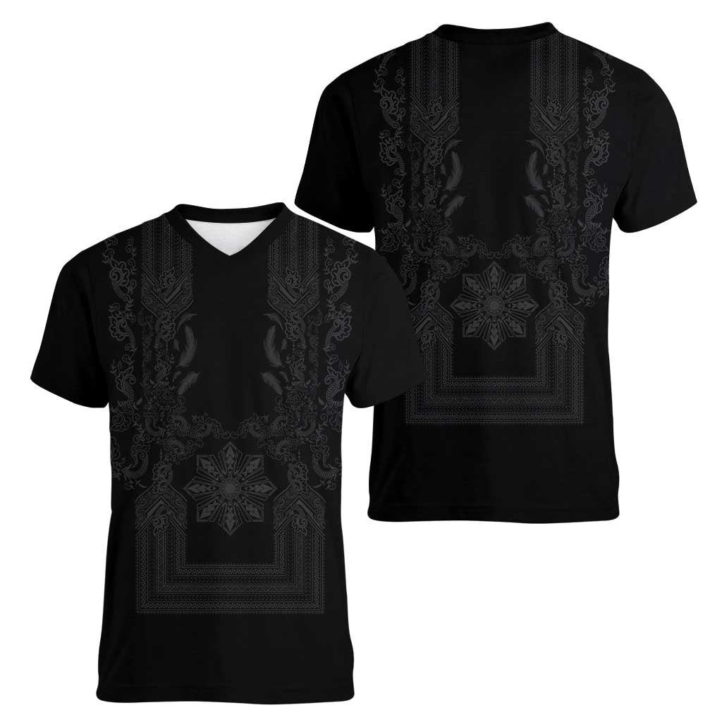 Philippines Barong Style Women V-Neck T-Shirt with Polynesian Art and Leaf Motif Black Color