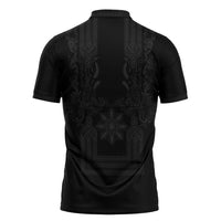 Philippines Barong Style Zipper Polo Shirt with Polynesian Art and Leaf Motif Black Color