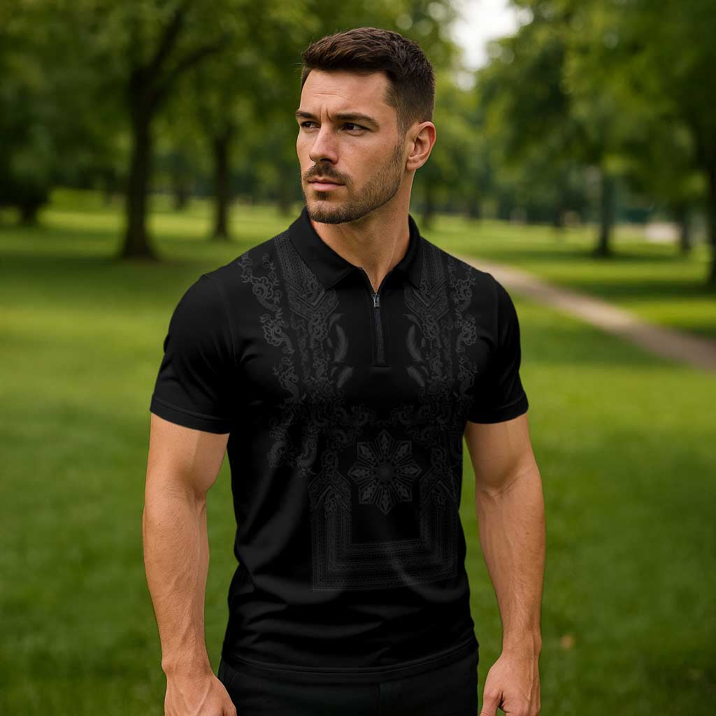 Philippines Barong Style Zipper Polo Shirt with Polynesian Art and Leaf Motif Black Color