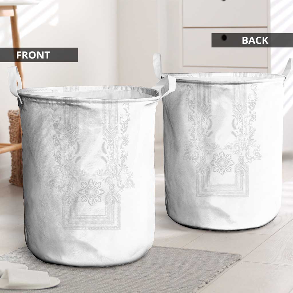 Philippines Barong Style Laundry Basket with Polynesian Art and Leaf Motif White Color