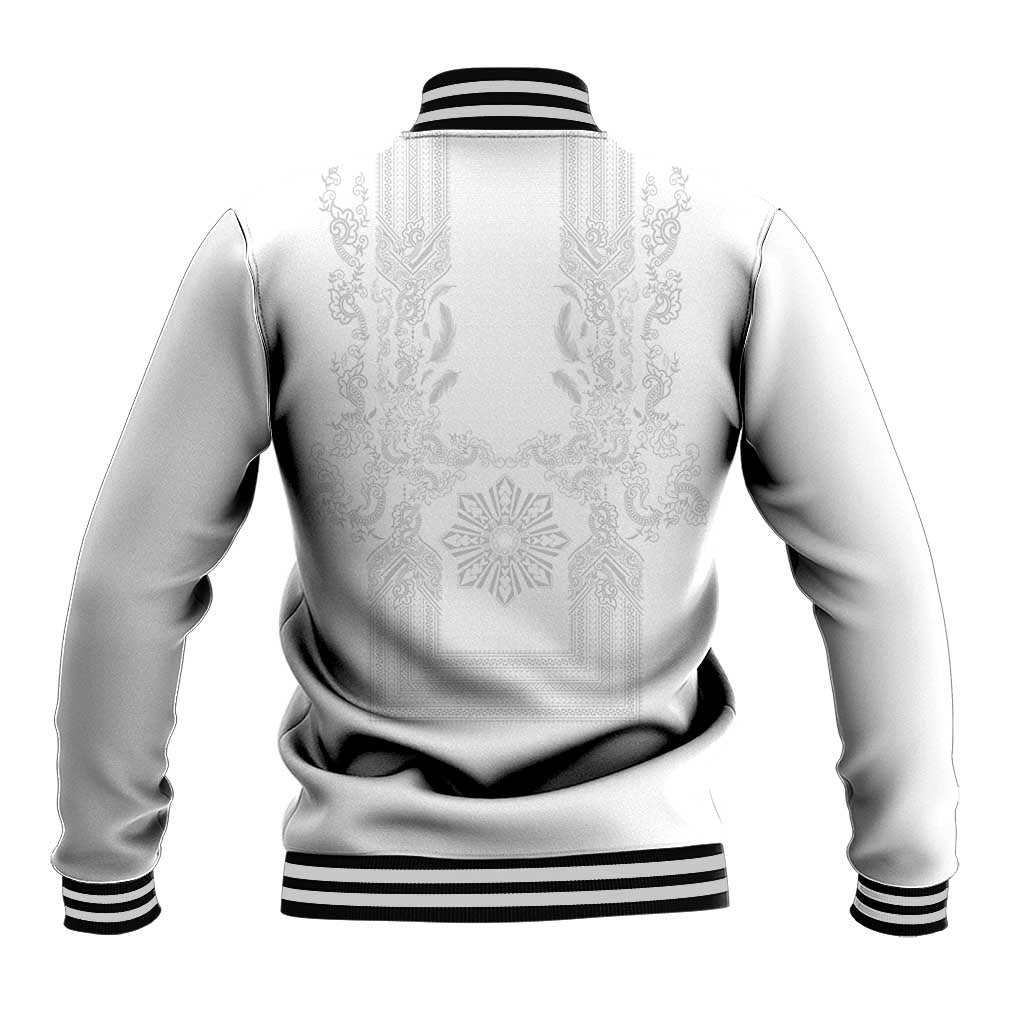 Philippines Barong Style Baseball Jacket with Polynesian Art and Leaf Motif White Color