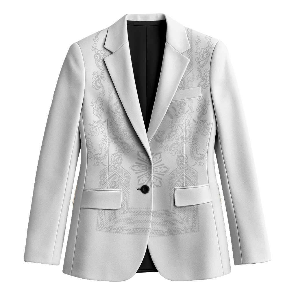 Philippines Barong Style Blazer with Polynesian Art and Leaf Motif White Color