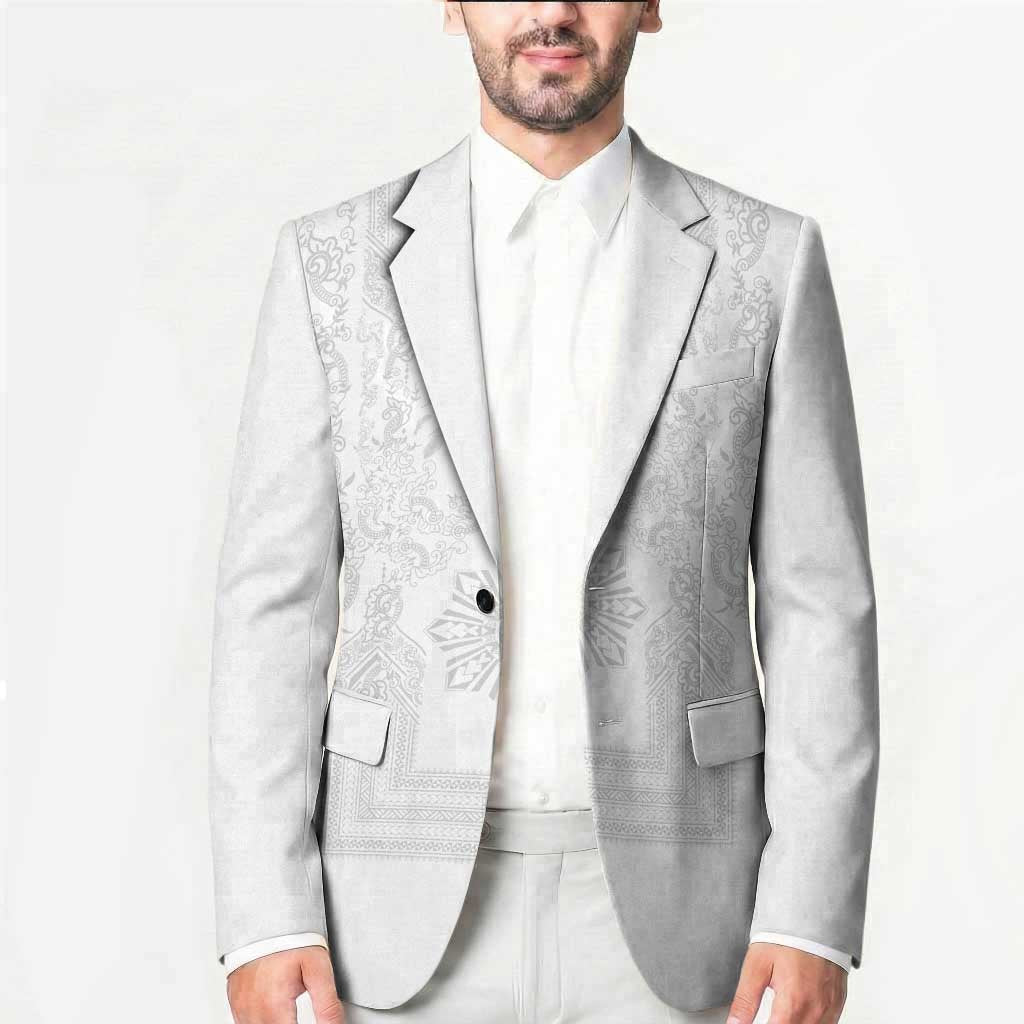Philippines Barong Style Blazer with Polynesian Art and Leaf Motif White Color