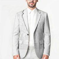 Philippines Barong Style Blazer with Polynesian Art and Leaf Motif White Color
