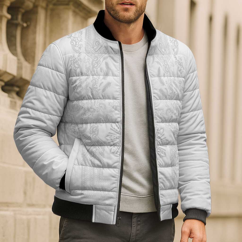 Philippines Barong Style Bomber Puffer Jacket with Polynesian Art and Leaf Motif White Color