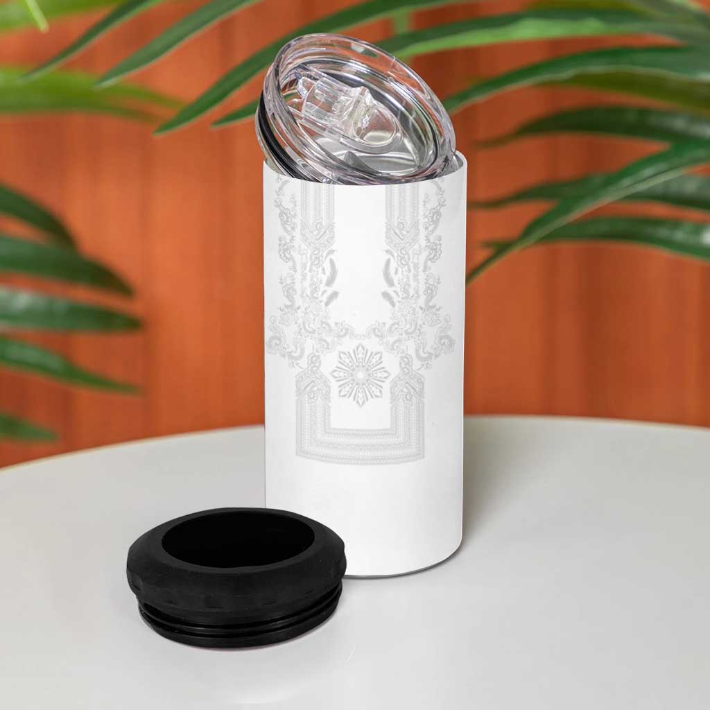 Philippines Barong Style 4 in 1 Can Cooler Tumbler with Polynesian Art and Leaf Motif White Color