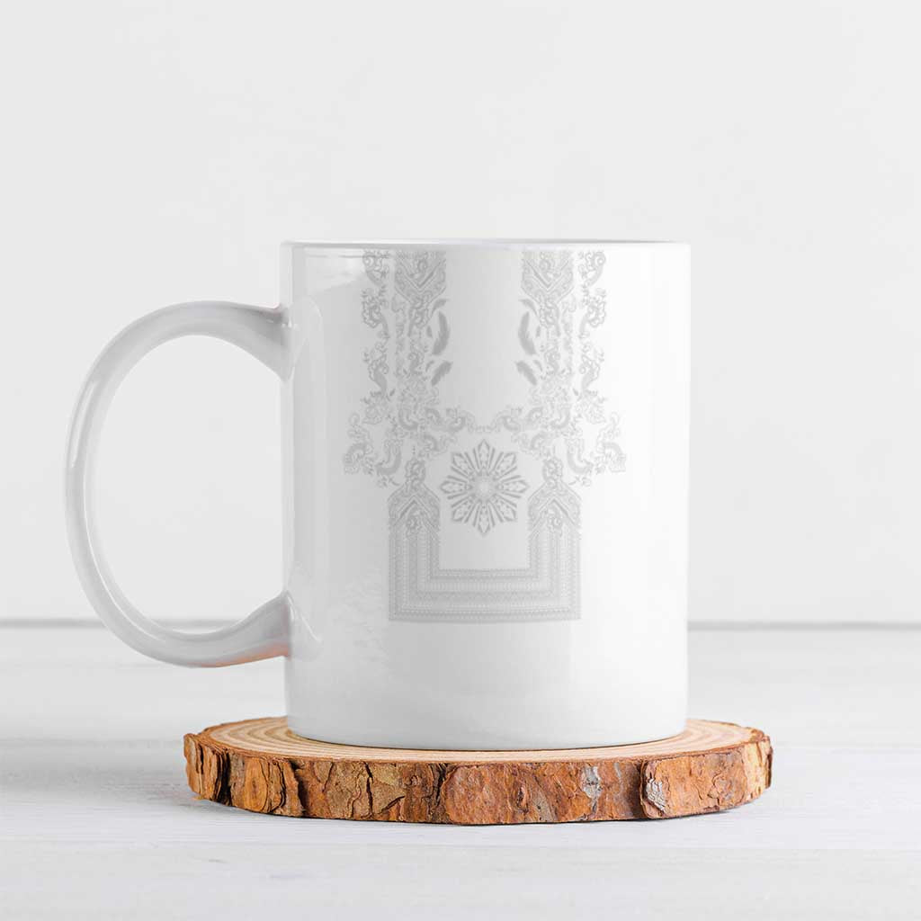 Philippines Barong Style Ceramic Mug with Polynesian Art and Leaf Motif White Color