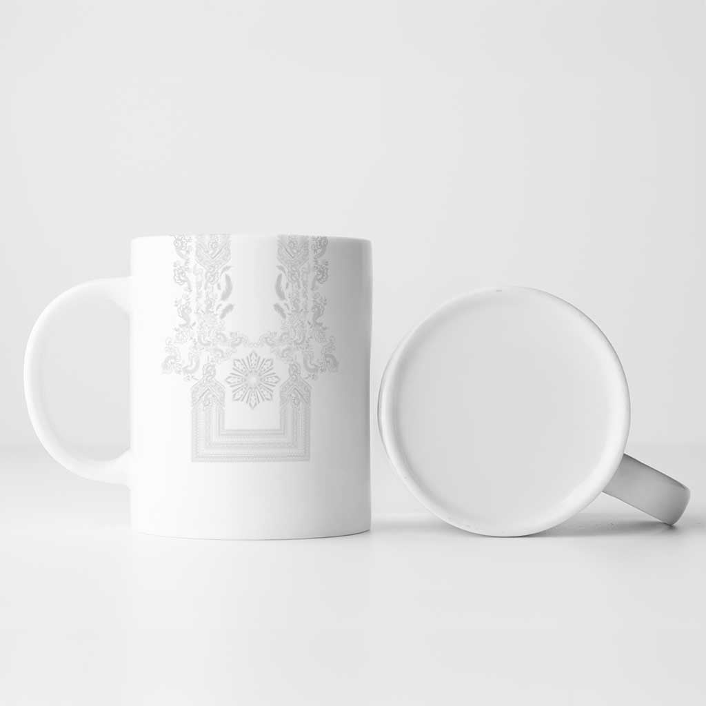 Philippines Barong Style Ceramic Mug with Polynesian Art and Leaf Motif White Color