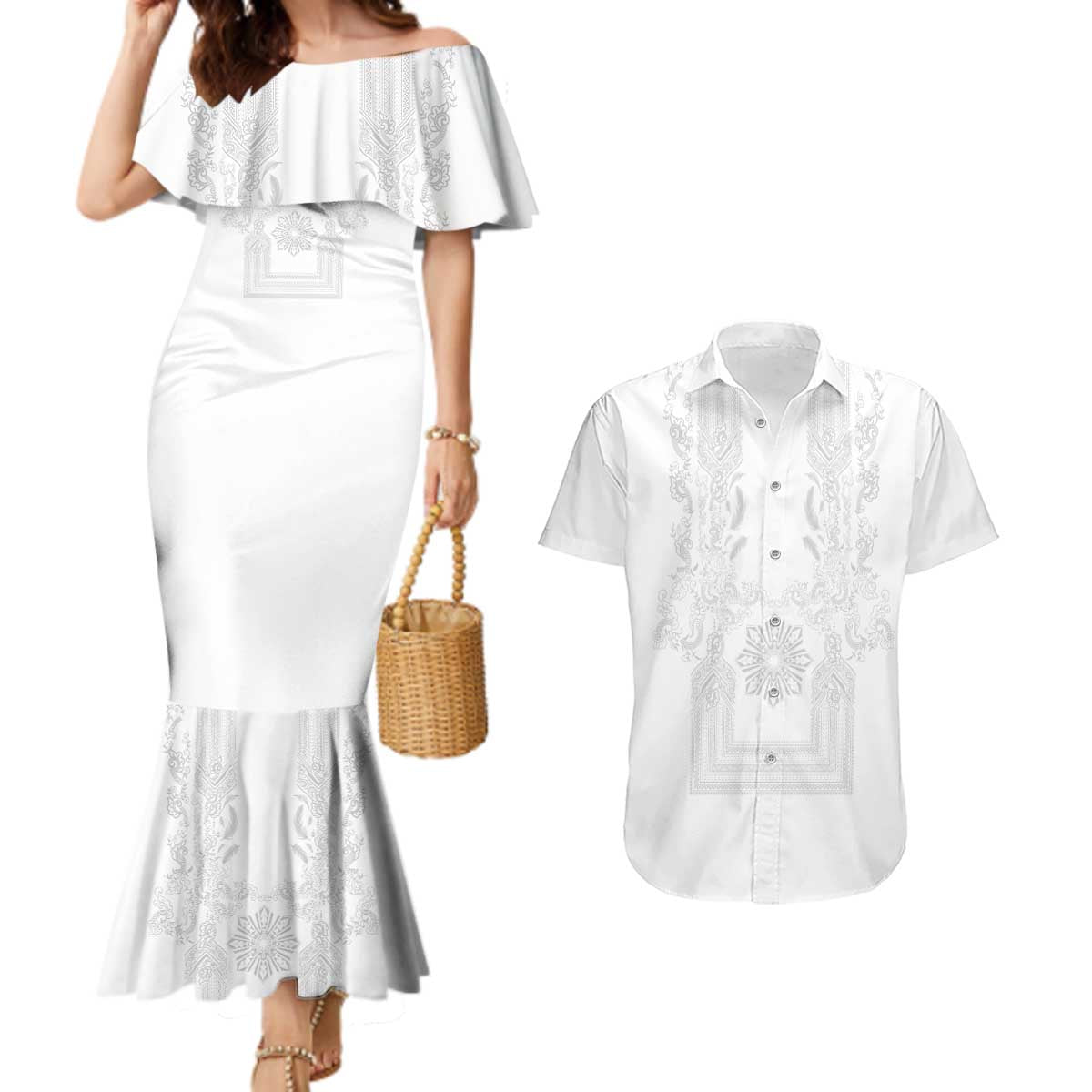 Philippines Barong Style Couples Matching Mermaid Dress and Hawaiian Shirt with Polynesian Art and Leaf Motif White Color LT03 White - Polynesian Pride