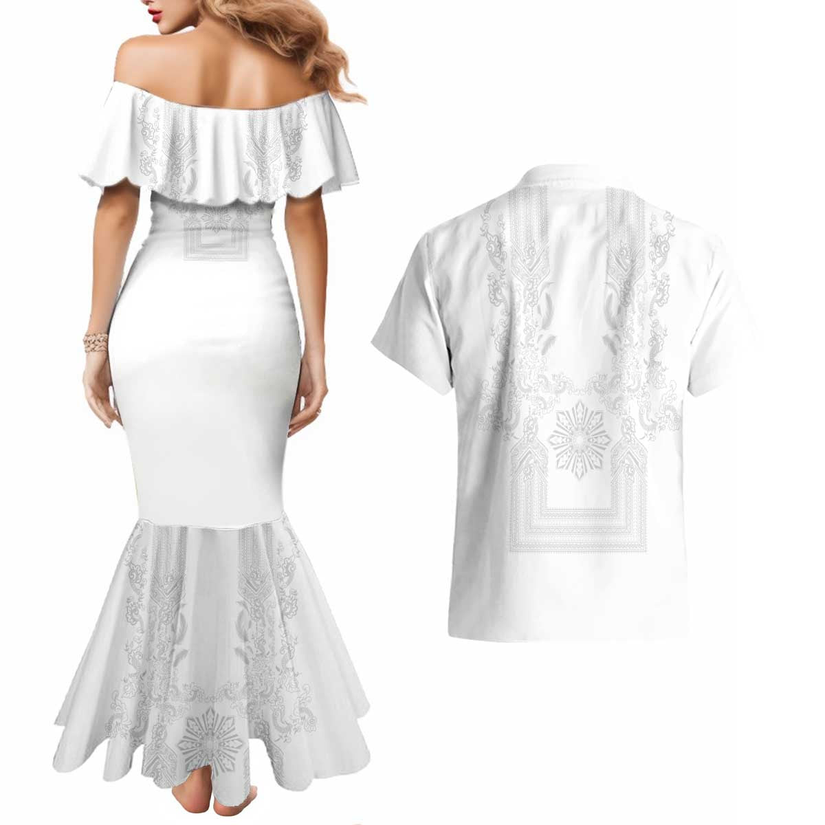 Philippines Barong Style Couples Matching Mermaid Dress and Hawaiian Shirt with Polynesian Art and Leaf Motif White Color LT03 - Polynesian Pride