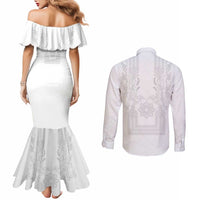 Philippines Barong Style Couples Matching Mermaid Dress and Long Sleeve Button Shirt with Polynesian Art and Leaf Motif White Color