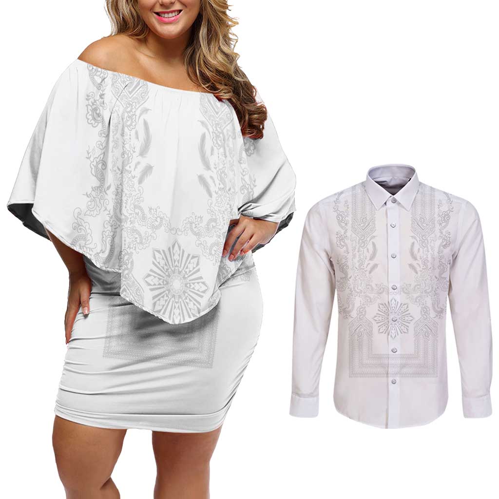 Philippines Barong Style Couples Matching Off Shoulder Short Dress and Long Sleeve Button Shirt with Polynesian Art and Leaf Motif White Color