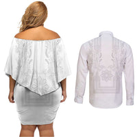 Philippines Barong Style Couples Matching Off Shoulder Short Dress and Long Sleeve Button Shirt with Polynesian Art and Leaf Motif White Color