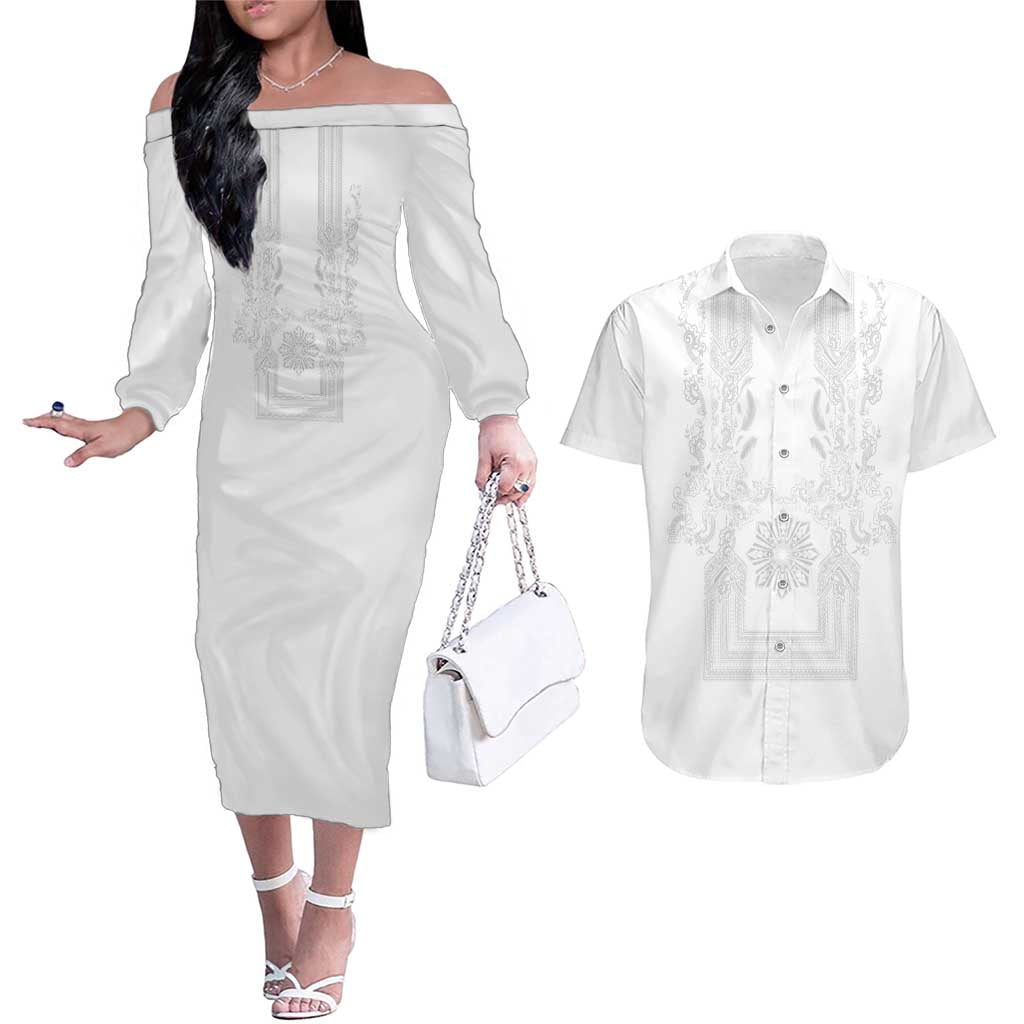 Philippines Barong Style Couples Matching Off The Shoulder Long Sleeve Dress and Hawaiian Shirt with Polynesian Art and Leaf Motif White Color
