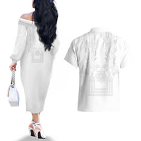 Philippines Barong Style Couples Matching Off The Shoulder Long Sleeve Dress and Hawaiian Shirt with Polynesian Art and Leaf Motif White Color LT03 - Polynesian Pride