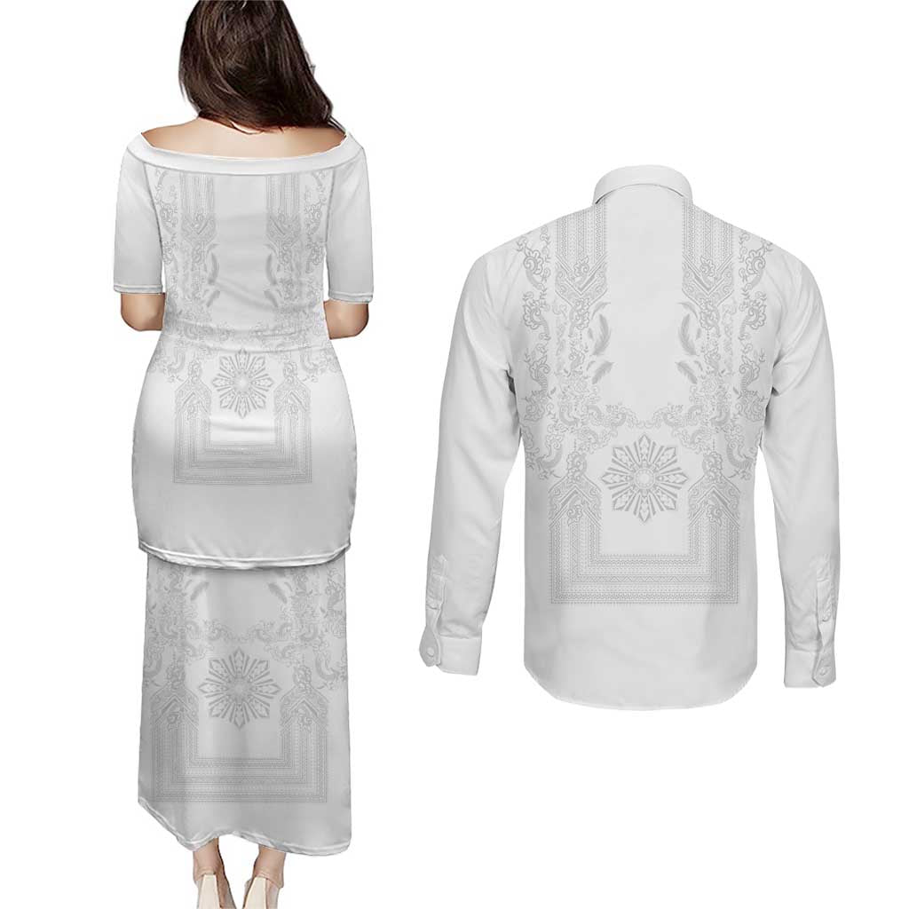 Philippines Barong Style Couples Matching Puletasi and Long Sleeve Button Shirt with Polynesian Art and Leaf Motif White Color