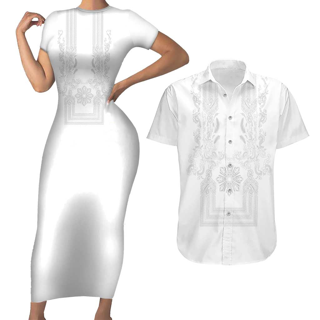 Philippines Barong Style Couples Matching Short Sleeve Bodycon Dress and Hawaiian Shirt with Polynesian Art and Leaf Motif White Color LT03 White - Polynesian Pride