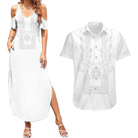 Philippines Barong Style Couples Matching Summer Maxi Dress and Hawaiian Shirt with Polynesian Art and Leaf Motif White Color