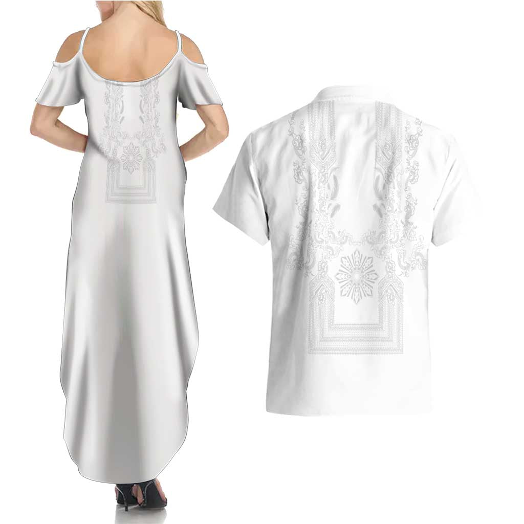Philippines Barong Style Couples Matching Summer Maxi Dress and Hawaiian Shirt with Polynesian Art and Leaf Motif White Color