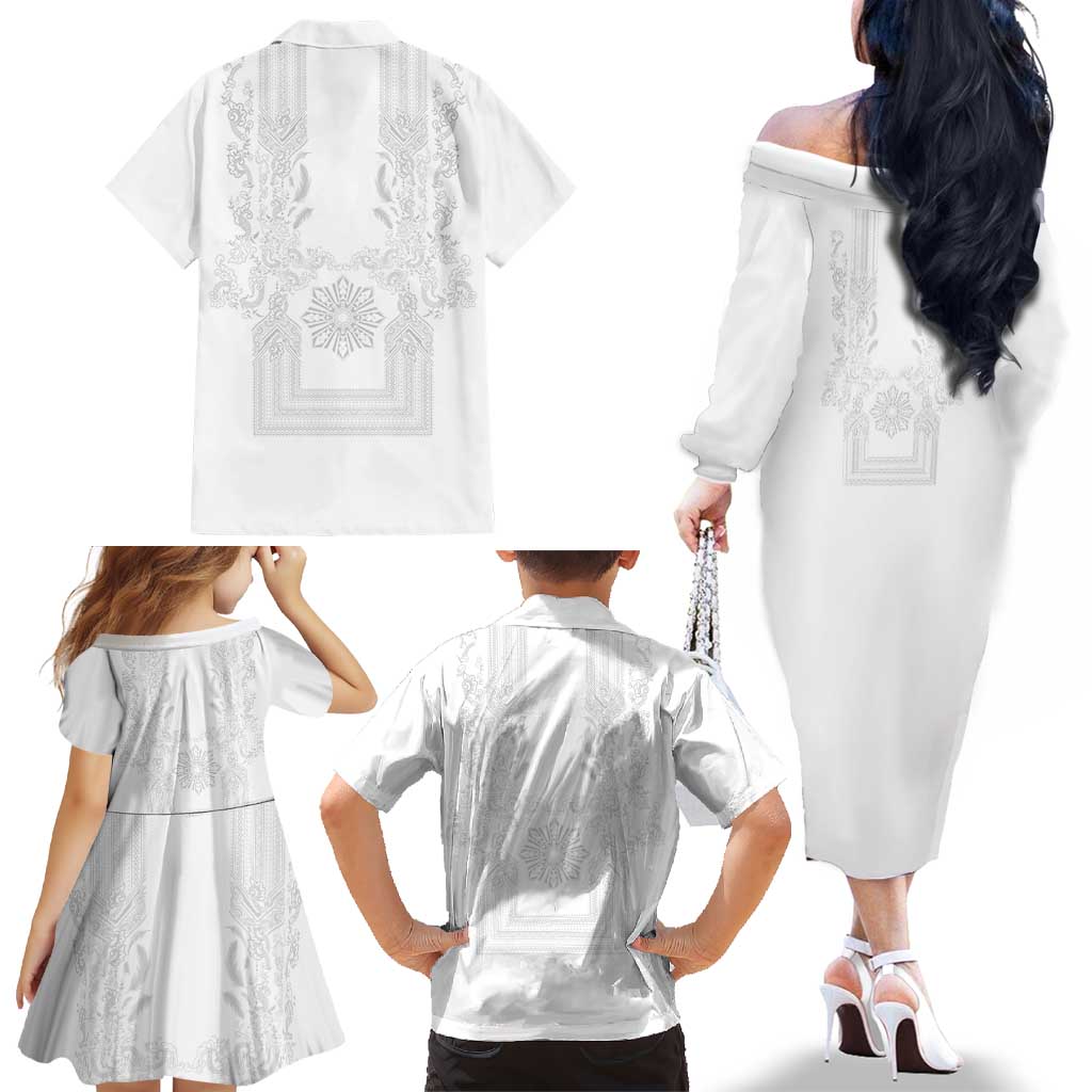 Philippines Barong Style Family Matching Off The Shoulder Long Sleeve Dress and Hawaiian Shirt with Polynesian Art and Leaf Motif White Color LT03 - Polynesian Pride