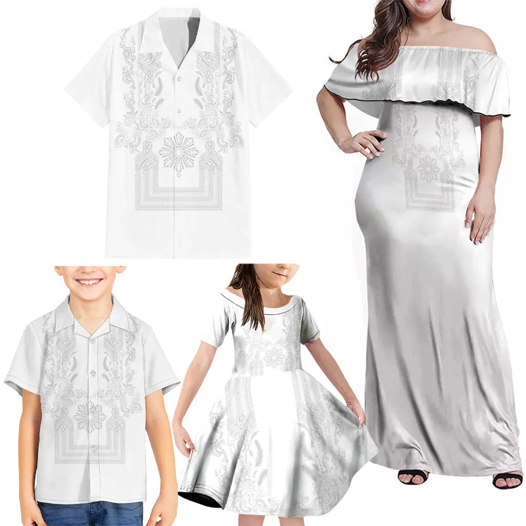 Philippines Barong Style Family Matching Off Shoulder Maxi Dress and Hawaiian Shirt with Polynesian Art and Leaf Motif White Color