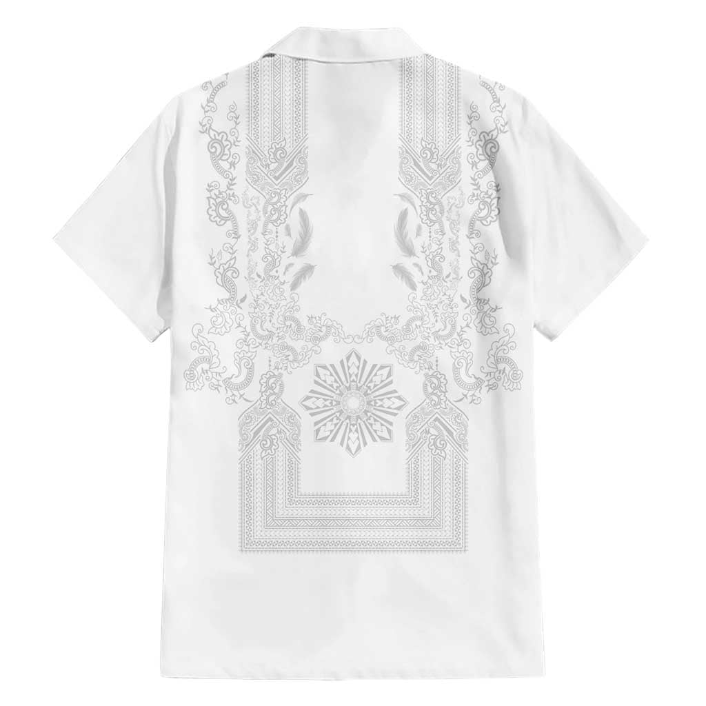 Philippines Barong Style Family Matching Off Shoulder Maxi Dress and Hawaiian Shirt with Polynesian Art and Leaf Motif White Color LT03 - Polynesian Pride
