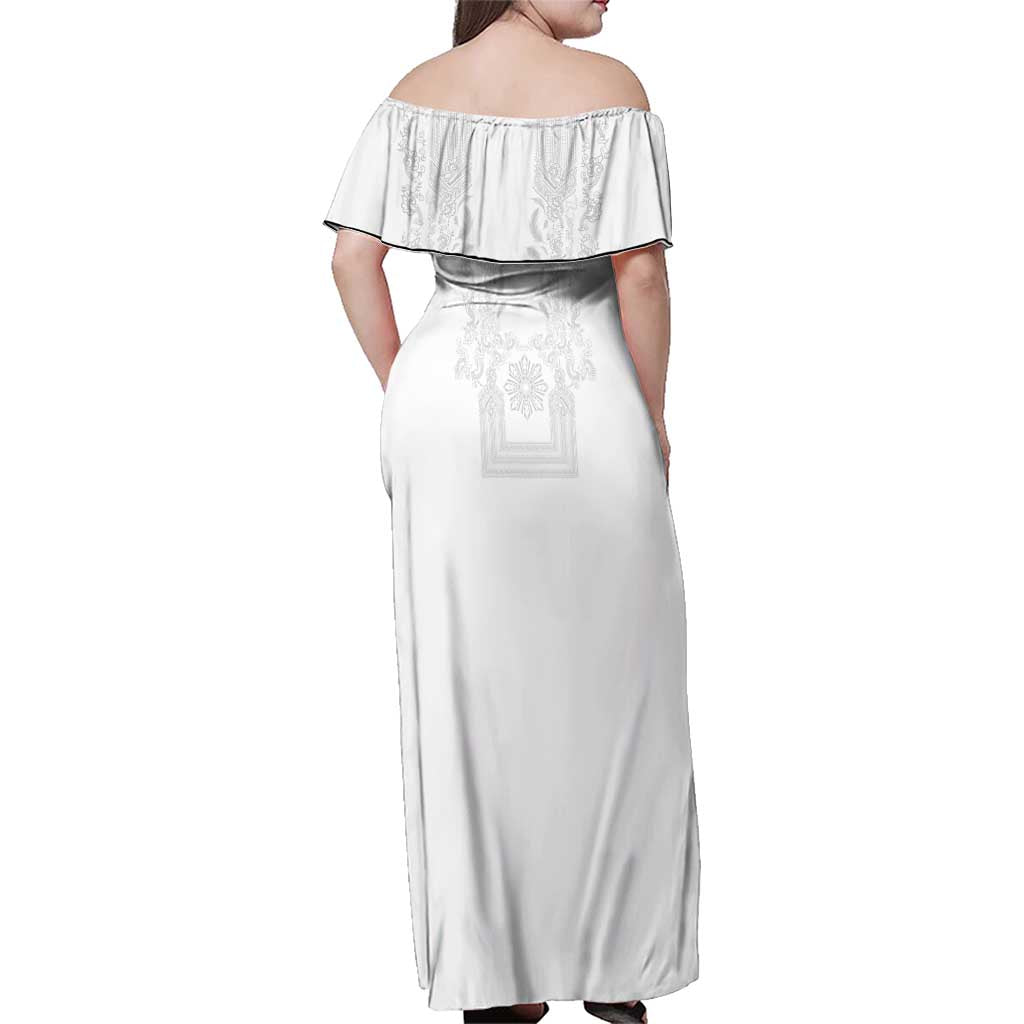 Philippines Barong Style Family Matching Off Shoulder Maxi Dress and Hawaiian Shirt with Polynesian Art and Leaf Motif White Color LT03 - Polynesian Pride
