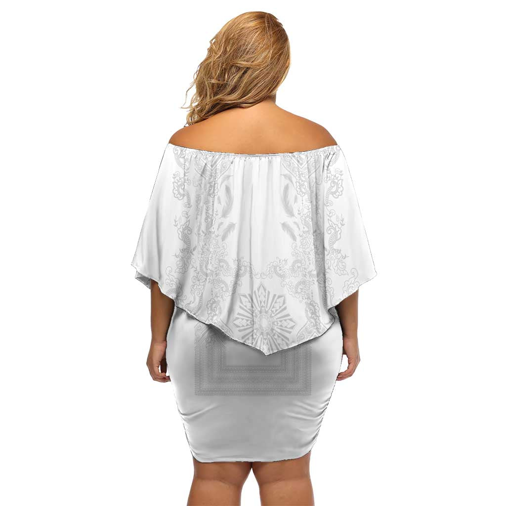 Philippines Barong Style Family Matching Off Shoulder Short Dress and Hawaiian Shirt with Polynesian Art and Leaf Motif White Color LT03 - Polynesian Pride