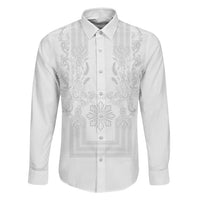 Philippines Barong Style Family Matching Puletasi and Hawaiian Shirt with Polynesian Art and Leaf Motif White Color LT03 Dad's Shirt - Long Sleeve White - Polynesian Pride