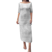Philippines Barong Style Family Matching Puletasi and Hawaiian Shirt with Polynesian Art and Leaf Motif White Color LT03 Mom's Dress White - Polynesian Pride