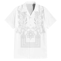 Philippines Barong Style Family Matching Short Sleeve Bodycon Dress and Hawaiian Shirt with Polynesian Art and Leaf Motif White Color LT03 Dad's Shirt - Short Sleeve White - Polynesian Pride