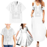 Philippines Barong Style Family Matching Summer Maxi Dress and Hawaiian Shirt with Polynesian Art and Leaf Motif White Color LT03 - Polynesian Pride