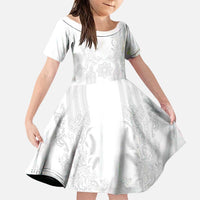 Philippines Barong Style Family Matching Tank Maxi Dress and Hawaiian Shirt with Polynesian Art and Leaf Motif White Color LT03 Daughter's Dress White - Polynesian Pride