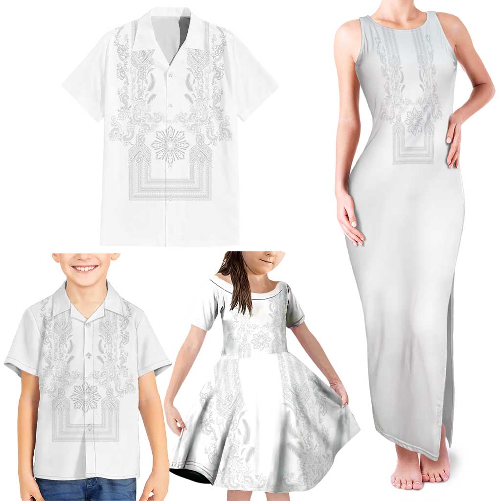 Philippines Barong Style Family Matching Tank Maxi Dress and Hawaiian Shirt with Polynesian Art and Leaf Motif White Color LT03 - Polynesian Pride