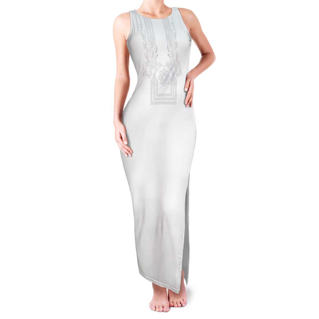 Philippines Barong Style Family Matching Tank Maxi Dress and Hawaiian Shirt with Polynesian Art and Leaf Motif White Color LT03 Mom's Dress White - Polynesian Pride