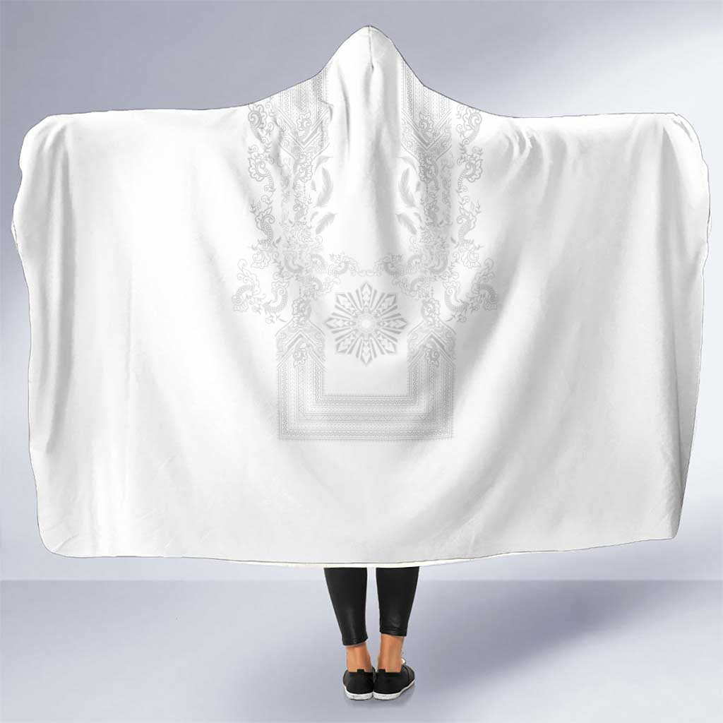 Philippines Barong Style Hooded Blanket with Polynesian Art and Leaf Motif White Color