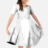 Philippines Barong Style Kid Short Sleeve Dress with Polynesian Art and Leaf Motif White Color