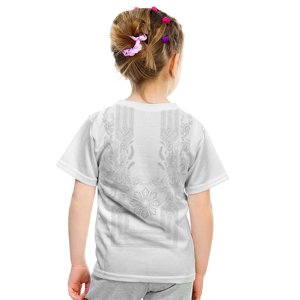 Philippines Barong Style Kid T Shirt with Polynesian Art and Leaf Motif White Color