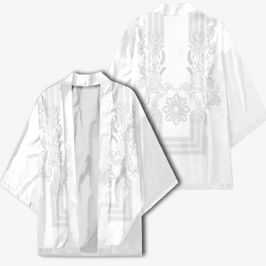 Philippines Barong Style Kimono with Polynesian Art and Leaf Motif White Color