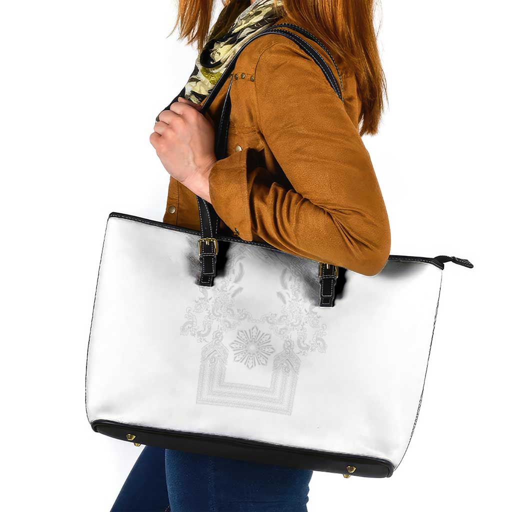 Philippines Barong Style Leather Tote Bag with Polynesian Art and Leaf Motif White Color