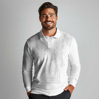 Philippines Barong Style Long Sleeve Polo Shirt with Polynesian Art and Leaf Motif White Color