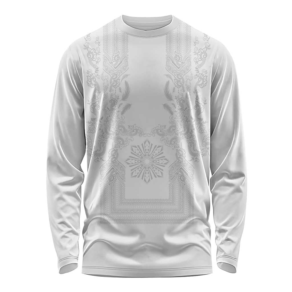 Philippines Barong Style Long Sleeve Shirt with Polynesian Art and Leaf Motif White Color