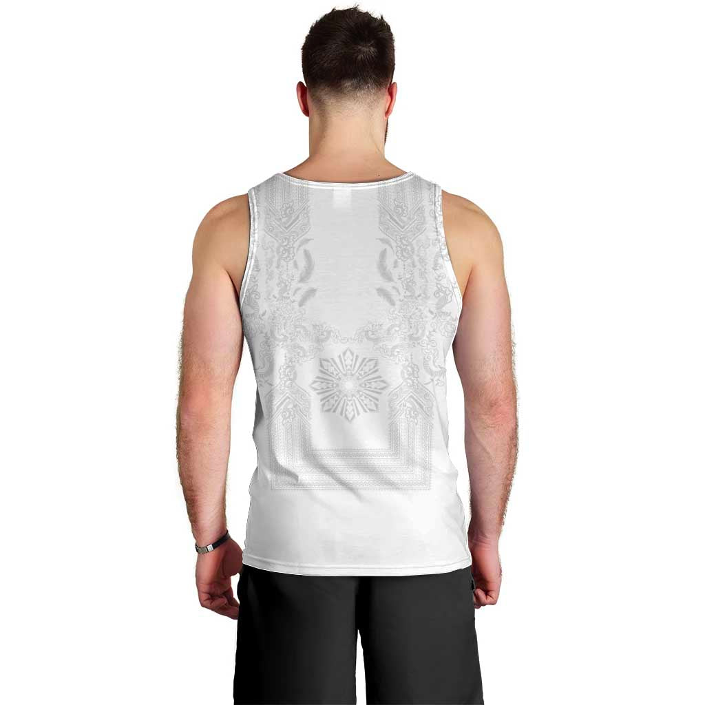 Philippines Barong Style Men Tank Top with Polynesian Art and Leaf Motif White Color