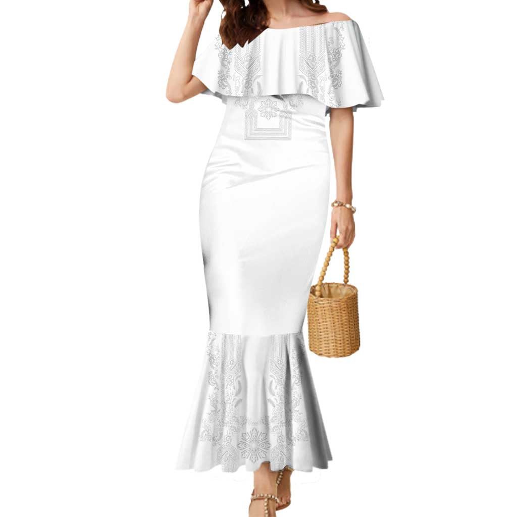 Philippines Barong Style Mermaid Dress with Polynesian Art and Leaf Motif White Color