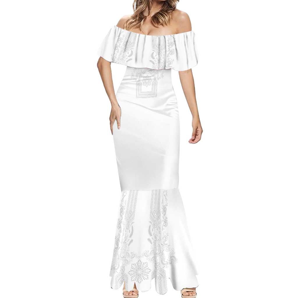 Philippines Barong Style Mermaid Dress with Polynesian Art and Leaf Motif White Color