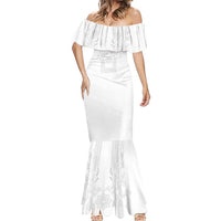 Philippines Barong Style Mermaid Dress with Polynesian Art and Leaf Motif White Color