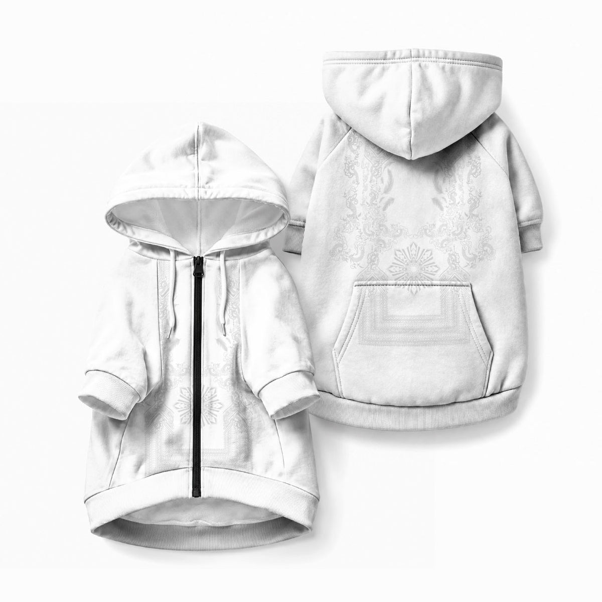 Philippines Barong Style Pet Hoodie with Polynesian Art and Leaf Motif White Color