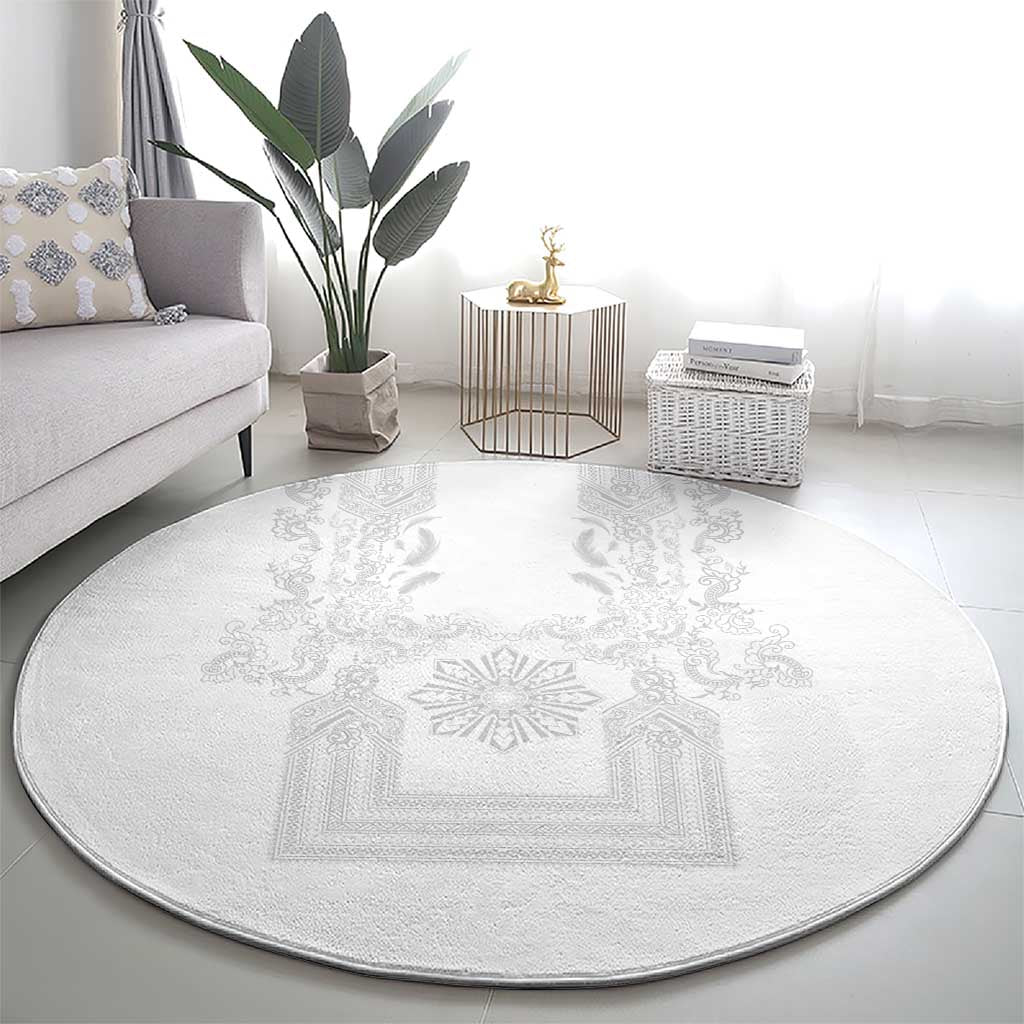 Philippines Barong Style Round Carpet with Polynesian Art and Leaf Motif White Color