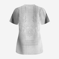 Philippines Barong Style Scrub Top with Polynesian Art and Leaf Motif White Color