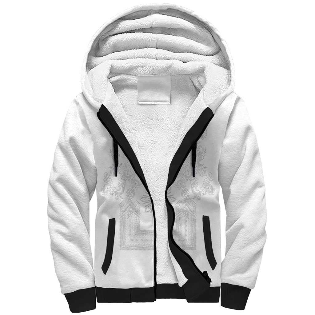 Philippines Barong Style Sherpa Hoodie with Polynesian Art and Leaf Motif White Color